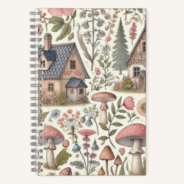 コテージコアマッシュルームとフローラルパターン ノートブック