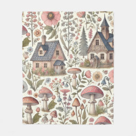 コテージコアマッシュルームとフローラルパターン フリースブランケット