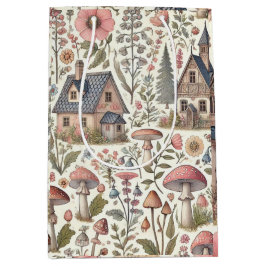 コテージコアマッシュルームとフローラルパターン ミディアムペーパーバッグ