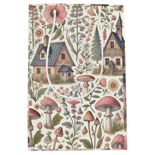 コテージコアマッシュルームとフローラルパターン ミディアムペーパーバッグ (正面)
