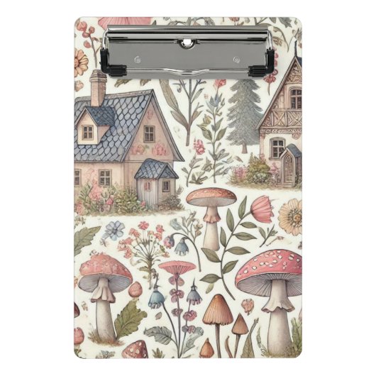 コテージコアマッシュルームとフローラルパターン ミニクリップボード (正面)