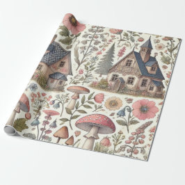 コテージコアマッシュルームとフローラルパターン ラッピングペーパー