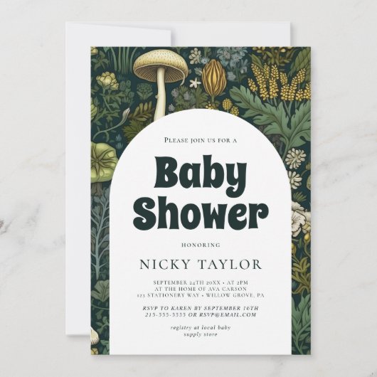 コテージコアマッシュルームシームレスベビーシャワー 招待状 (正面)