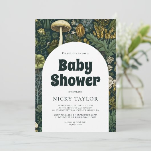 コテージコアマッシュルームシームレスベビーシャワー 招待状 (スタンド正面)