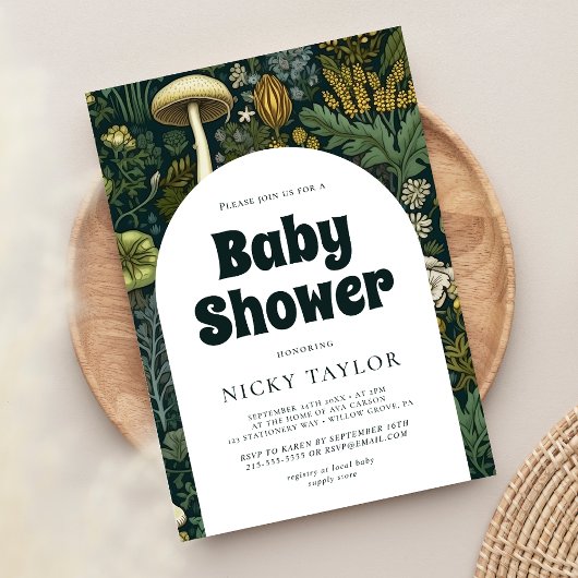 コテージコアマッシュルームシームレスベビーシャワー 招待状