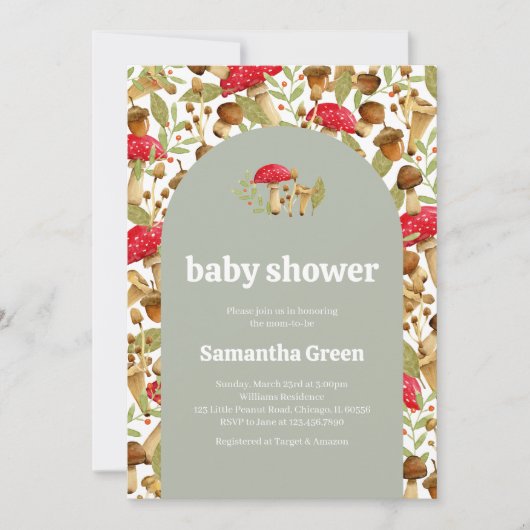 コテージコアマッシュルームベビーシャワー 招待状 (正面)