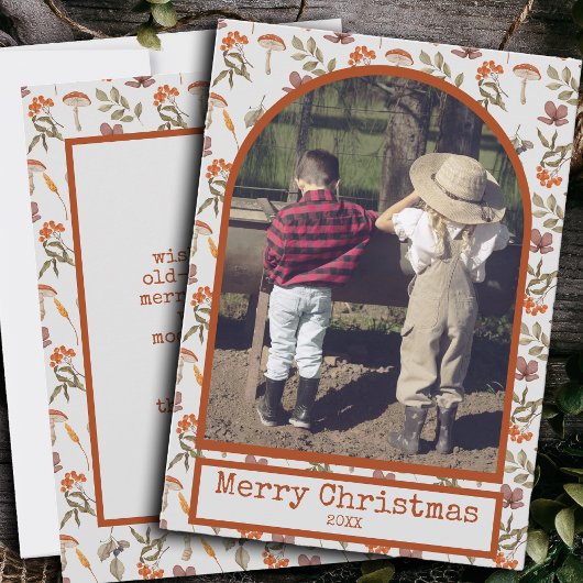 コテージコアマッシュルームボタニカル写真クリスマス シーズンカード