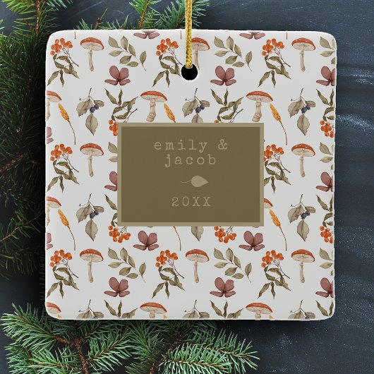 コテージコアマッシュルームボタニカル写真クリスマス セラミックオーナメント