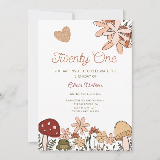 コテージコアマッシュルーム&ワイルドフラワーズ誕生日 招待状 (正面)