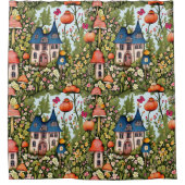 コテージコアマッシュルーム、花と蝶 シャワーカーテン (正面)