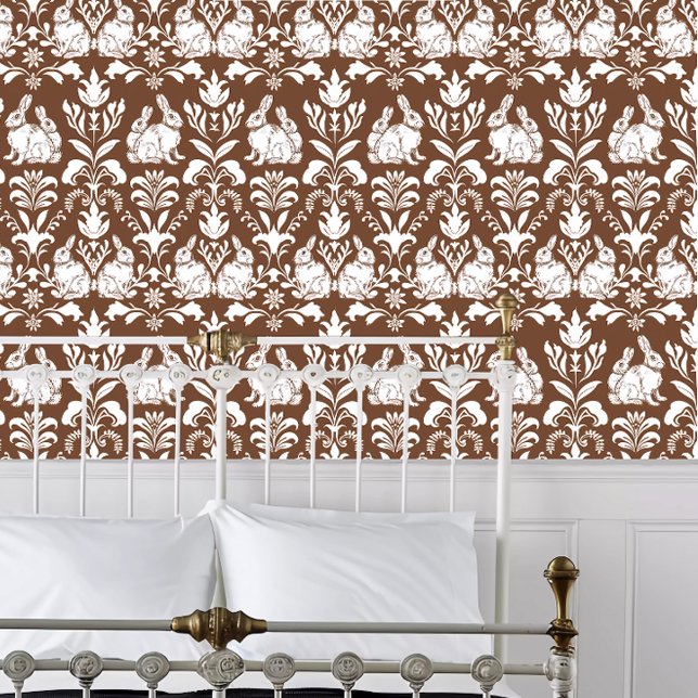 コテージコアラビット 壁紙 (Cottagecore Rabbit Wallpaper behind a white metal bed frame. )