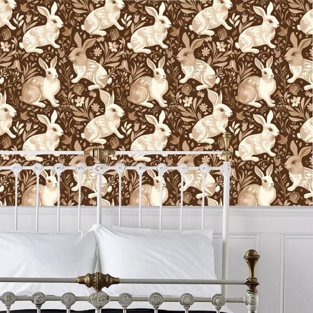 コテージコアラファンシービット 壁紙 (Cottagecore Fancy Rabbits Wallpaper behind a white metal bed frame. )