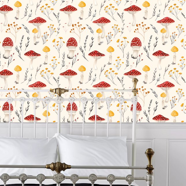 コテージコアレッドとイエローマッシュルーム 壁紙 (Cottagecore Red and Yellow Mushrooms Wallpaper behind a white metal framed bed.)