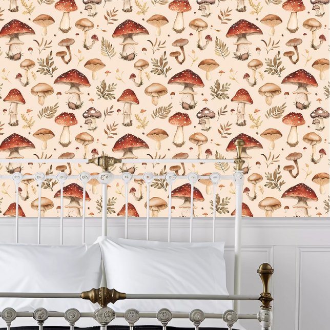 コテージコアレッドキャップマッシュルーム 壁紙 (Cottagecore Red Cap Mushrooms Wallpaper behind a white metal bed frame. )