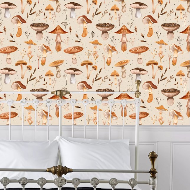 コテージコアレンジキャップマッシュルーム 壁紙 (Cottagecore Orange Cap Mushrooms Wallpaper behind a white metal bed frame. )