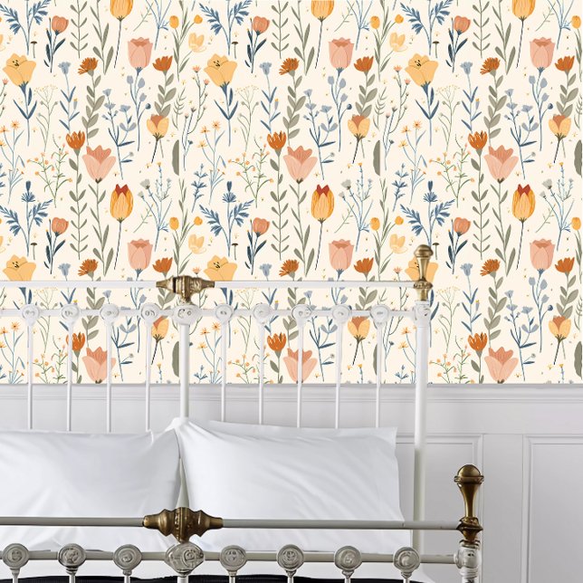 コテージコアワイルドフラワーズ 壁紙 (Cottagecore Wildflowers Wallpaper behind a white metal bed frame. )
