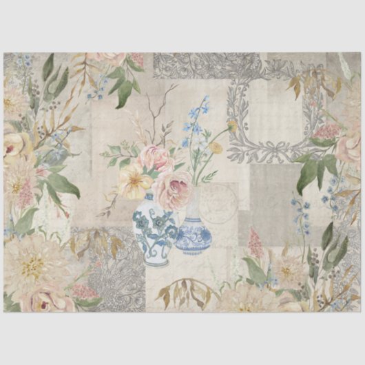 コテージコアヴィンテージフラワーブーケブルーアンドホワイト 薄葉紙 (正面)