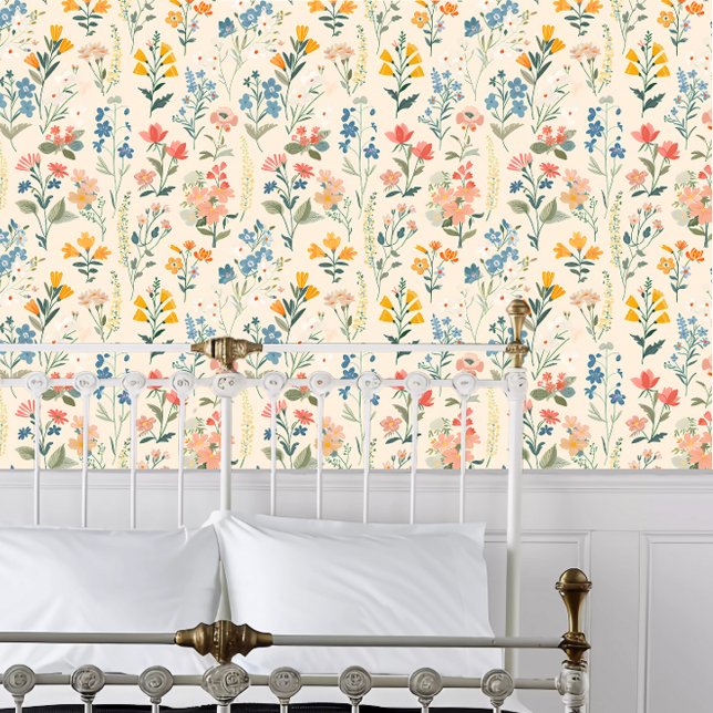 コテージコア春の花 壁紙 (Cottagecore Spring Flowers Wallpaper behind a white metal bed frame. )