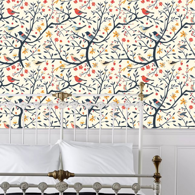 コテージコア春バード 壁紙 (Cottagecore Spring Birds Wallpaper behind a white metal framed bed.)
