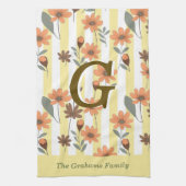 コテージコア秋ストライプフローラカスタムモノグラム キッチンタオル (縦)