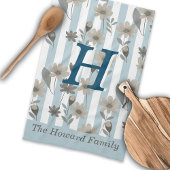 コテージコア秋ストライプフローラカスタムモノグラム キッチンタオル