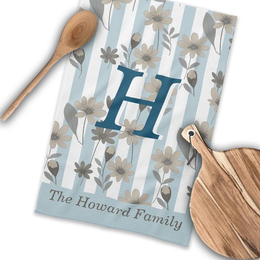 コテージコア秋ストライプフローラカスタムモノグラム キッチンタオル