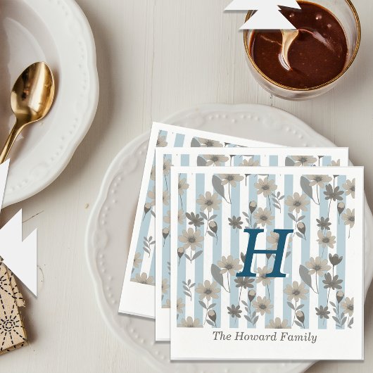 コテージコア秋ストライプフローラカスタムモノグラム スタンダードカクテルナプキン