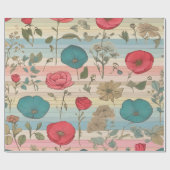 コテージコア、ピンクとブルーのフローララップ紙 ラッピングペーパー (フラット)