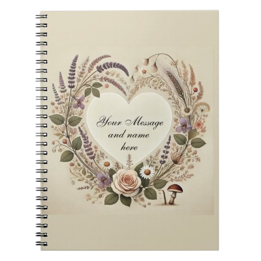 コテージコア「フローラハート&ワイルドマッシュルーム」ノートボ ノートブック (正面)