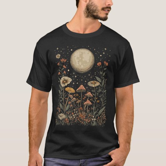 コテージコア ムーン キノコ 月相 フラワー ゴブリンコア Tシャツ (正面)