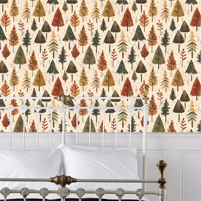 コテージコカラフルレファンキーリー 壁紙 (Cottagecore Colorful Funky Trees Wallpaper behind a white metal framed bed.)