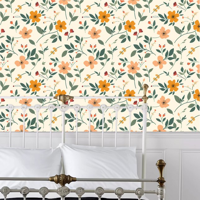 コテージコーレオレンジアンドグリーン 壁紙 (Cottagecore Orange and Green Wallpaper behind a white metal bed frame. )