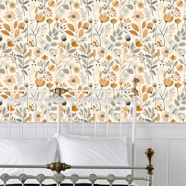 コテージコーレオレンジフラワーズ&グレイ葉ズ 壁紙 (Cottagecore Orange Flowers & Gray Leaves Wallpaper behind a white metal bed frame. )