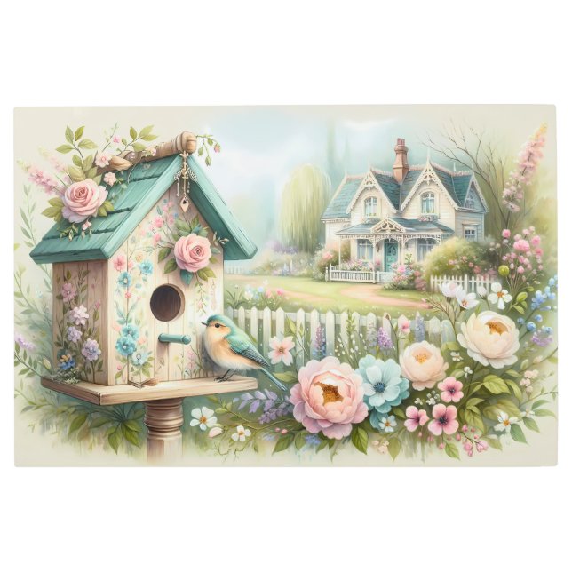 コテージコーレバードハウスウィズフローラガーデン メタルプリント (正面)