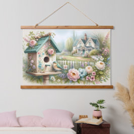 コテージコーレバードハウスウィズフローラガーデン 吊り下げ型タペストリー