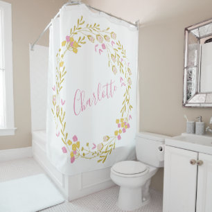 コテージコーレピンクグリーンダインティフローラリース名 シャワーカーテン