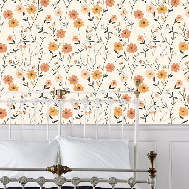コテージコーレフローラ 壁紙 (Cottagecore Pink Floral Wallpaper behind a white metal bed frame. )