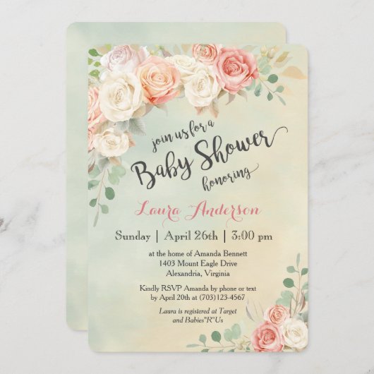コテージシックヴィンテージバラベビーシャワー 招待状 (正面/裏面)