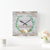 コテージスタイルウェルカム木製フェンスウッドボード スクエア壁時計 (ホーム)