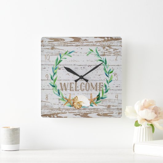 コテージスタイルウェルカム木製フェンスウッドボード スクエア壁時計 (ホーム)