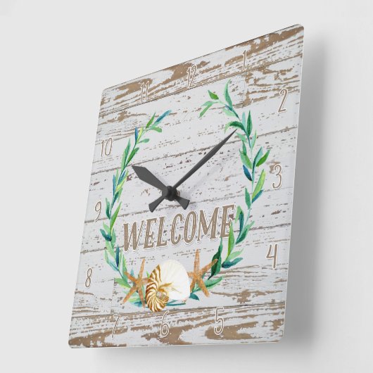 コテージスタイルウェルカム木製フェンスウッドボード スクエア壁時計 (傾斜)