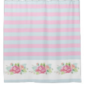 コテージスタイルピンク&ブルーアジサイフローラレトロ シャワーカーテン (正面)