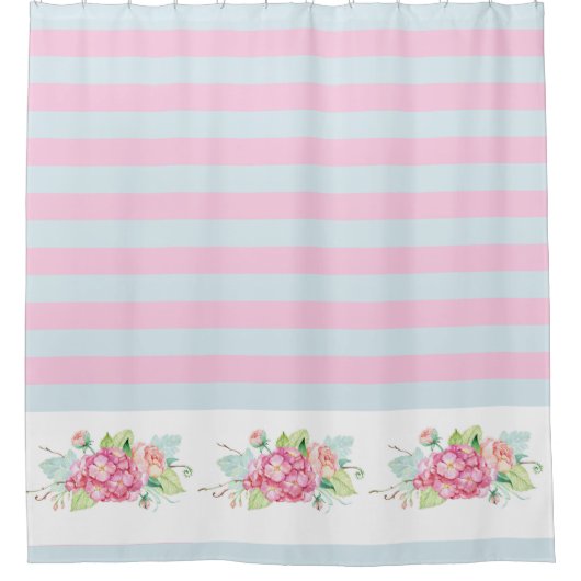 コテージスタイルピンク&ブルーアジサイフローラレトロ シャワーカーテン (正面)