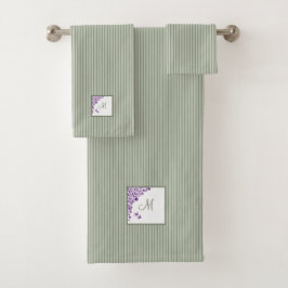 コテージセージストライプ紫フローラスクリプトモノグラム バスタオルセット