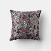 コテージダマスクティール（緑がかった色）赤面レッドビーンマウヴ王室の クッション (裏面)