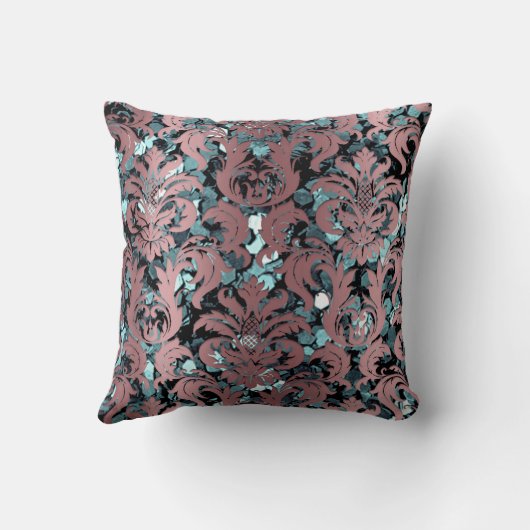 コテージダマスクティール（緑がかった色）赤面レッドビーンマウヴ王室の クッション (裏面)