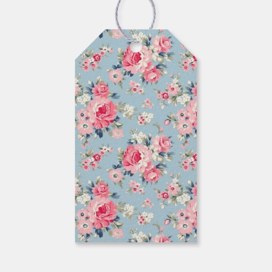 コテージパーソナライズされたピンクローズオンブルーバックグラウンド ギフトタグ (裏面)