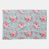 コテージピンクローゼオンブルーバックグラウンド キッチンタオル (横)