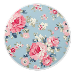 コテージピンクローゼオンブルーバックグラウンド セラミックノブ