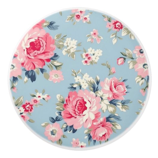 コテージピンクローゼオンブルーバックグラウンド セラミックノブ (正面)